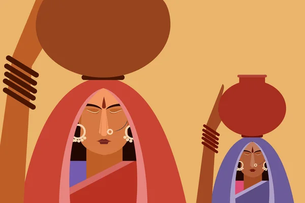 Mujeres Indias Tradicionales Llevando Ollas Agua Cabeza — Vector de stock