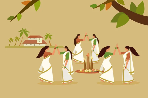 Kadınlar Thiruvathira Dansı Yapıyor Hindistan Kerala Kentinde Onam Festivali Konsepti — Stok Vektör