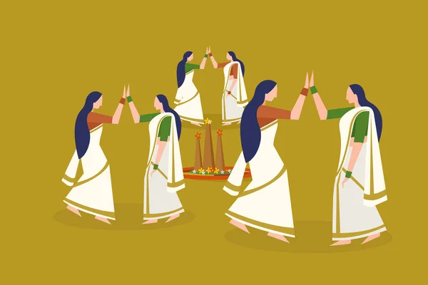 Women Perform Thiruvathira Dance Concept Onam Festival Kerala India — 图库矢量图片