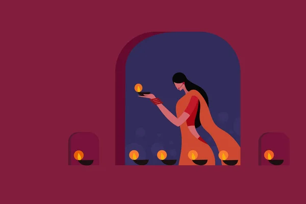 Žena Tradičních Šatech Drží Diwali Festivalové Lampy Ruce — Stockový vektor