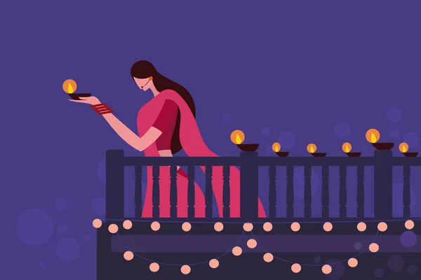 Geleneksel Elbise Giymiş Bir Kadın Elinde Diwali Festival Lambaları Tutuyor — Stok Vektör