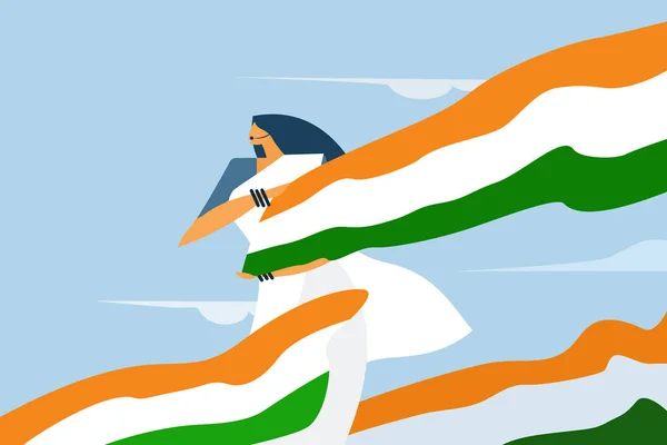 Женщины Держат Бегают Индийским Триколорным Флагом — стоковый вектор