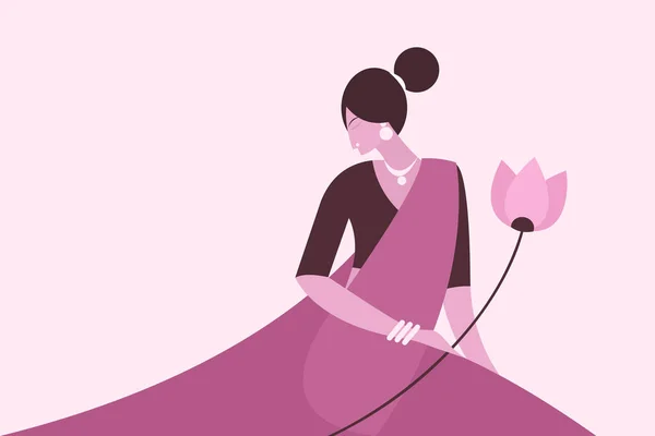 Illustration Woman Wearing Traditional Indian Dress Holding Lotus Flowers — 图库矢量图片