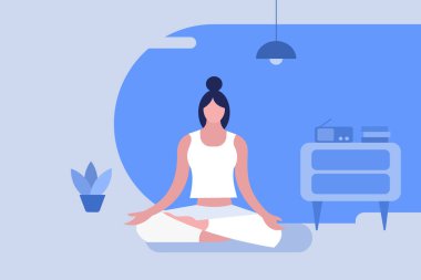 Lotus pozisyonunda oturan bir kız odada meditasyon yapıyor.
