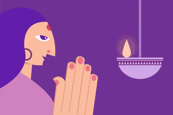 Işığın Önünde Dua Eden Hintli Kadın — Stok Vektör
