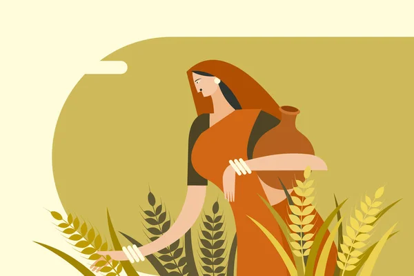 Geleneksel giyinmiş Hintli kadın buğday topluyor. 