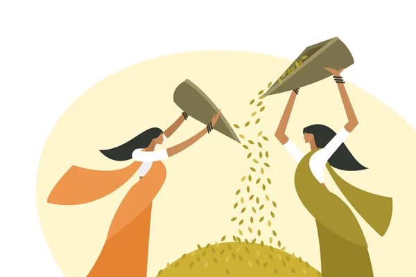 Kadınların Hasattan Sonra Pirinç Taneleri Karıştırdığı Bir Resim — Stok Vektör