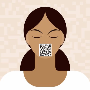 Üzerinde QR kodu olan bir kadının resmi.