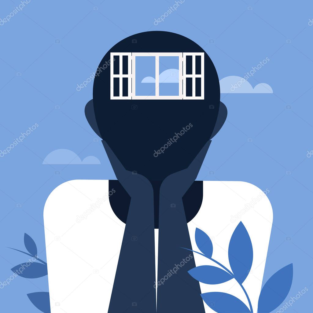Conceptual illustration of a person with open windows in his head