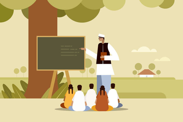 Illustration of an Indian rural school where the students learning under a tree