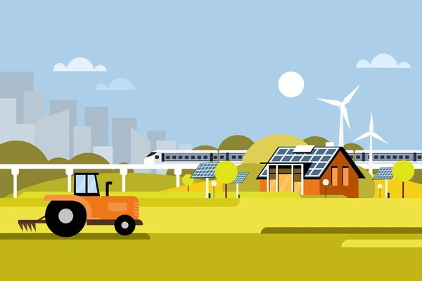 Ilustrace Ekologického Moderního Domu Farmou Využívající Obnovitelné Zdroje Energie — Stockový vektor