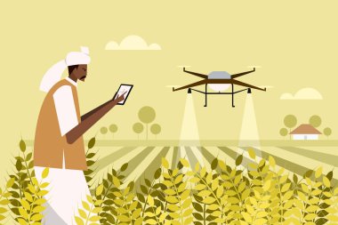 Hintli bir çiftçi tarım alanında gübre püskürtmek için dron kullanıyor.