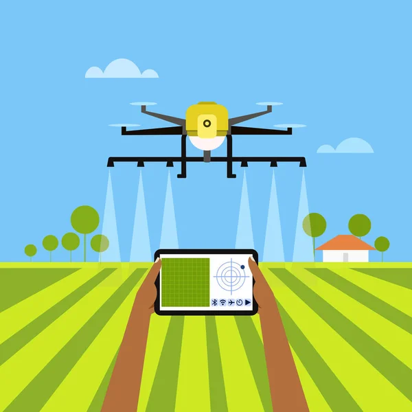 Ilustração Uma Mão Que Controla Remotamente Fertilizante Pulverizador Drones Campo —  Vetores de Stock