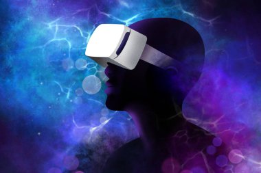 Person wearing a VR headset immersed in the meta verse cyber world clipart
