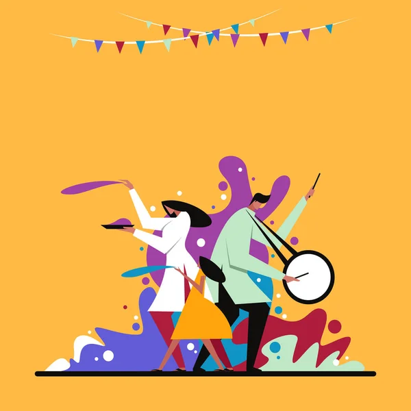 Иллюстрация Семьи Празднующей Фестиваль Холи Бросающей Краски Танцующей — стоковый вектор