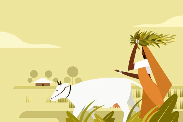 Ilustração Uma Mulher Rural Indiana Caminhando Com Uma Vaca Fazenda —  Vetores de Stock