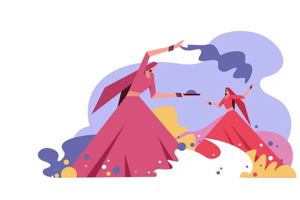 Иллюстрация Молодых Девушек Празднующих Холи Танцующих Бросающихся Цветами — стоковый вектор