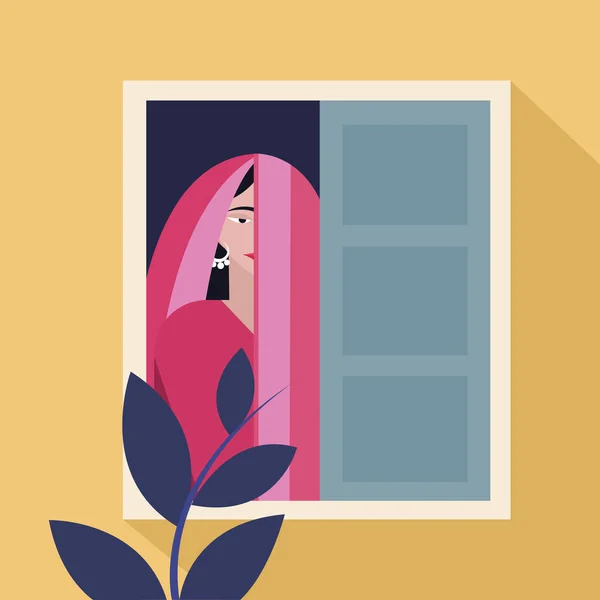 Pencerenin Arkasında Sari Giyen Hintli Bir Kadının Resmi — Stok Vektör