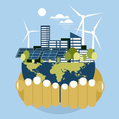 Dünya gezegenini yenilenebilir enerji kaynakları kullanılarak çevre dostu modern yerleşim binalarıyla tutan ellerin kavramsal çizimi