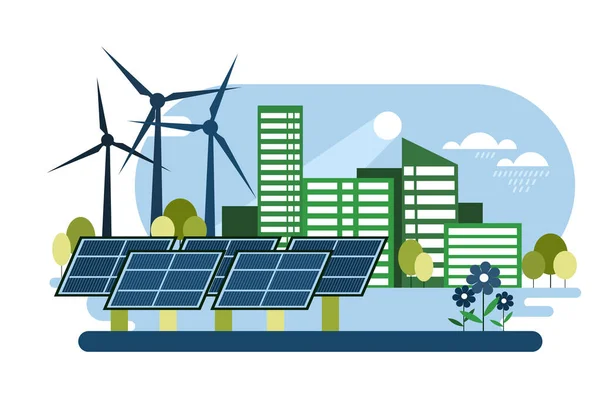 Illustration Von Umweltfreundlichen Modernen Wohngebäuden Die Erneuerbare Energiequellen Nutzen — Stockvektor