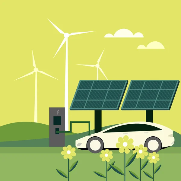 Иллюстрация Электрический Автомобиль Заряжается Помощью Возобновляемой Энергии — стоковый вектор