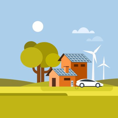 Yenilenebilir enerji kaynaklarını kullanan çevre dostu modern bir evin canlandırması