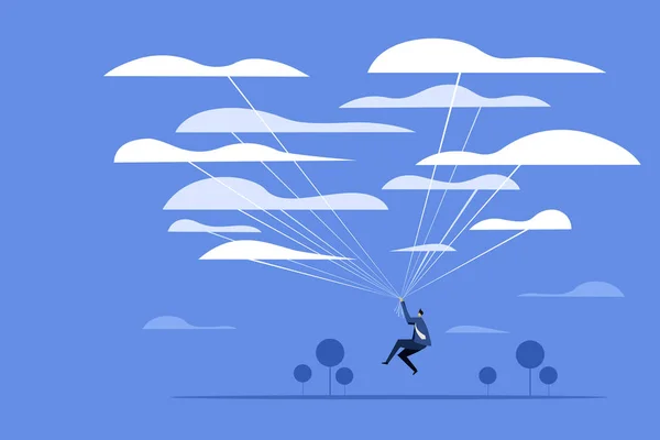 Konceptualna Ilustracja Człowieka Lecącego Górę Trzymającego Sznurki Przywiązane Chmur — Wektor stockowy