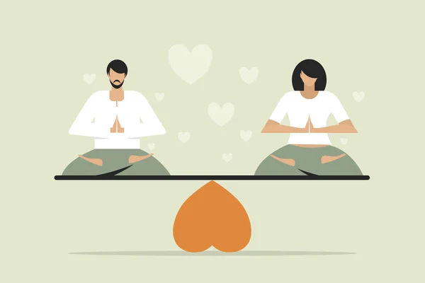 木製の板の上に座っている瞑想の男と女の概念図は 愛のシンボルの上にバランスをとる — ストックベクタ