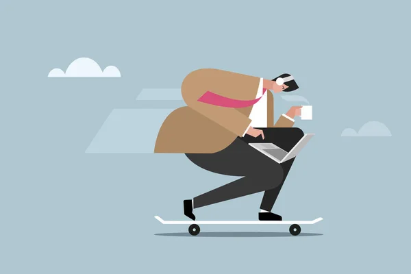 Ilustração Homem Negócios Trabalhando Seu Laptop Enquanto Move Rapidamente Skate —  Vetores de Stock