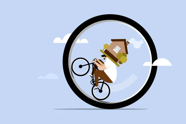 概念上的例子是一个人骑着自行车绕着圆圈骑着 肩膀上躺着一幢房子 — 图库矢量图片