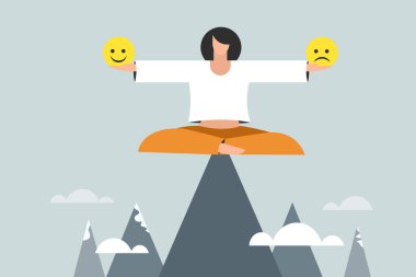 Elinde gülen bir yüz ve ellerinde üzgün bir yüzle meditasyon yapan bir kızın kavramsal çizimi.
