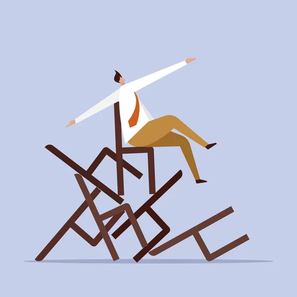 Konzeptionelle Illustration Eines Geschäftsmannes Der Auf Einem Instabilen Stuhlhaufen Sitzt — Stockvektor