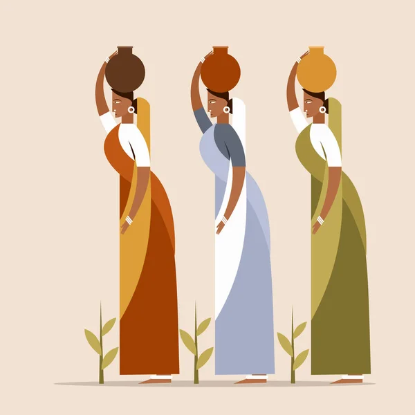 Illustration Three Indian Women Walking Water Pots Heads — Stockový vektor