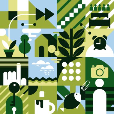 Basit şekiller ve elementlerle günlük yaşamı ifade eden soyut geometrik çizimler