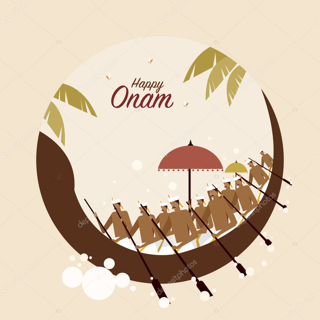 Onam greeting with traditional oarsmen rowing a snake boat during Onam festival.Onam is a festival in Kerala, India