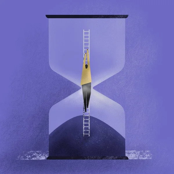 Kum saatinin üst yarısına ulaşmak için merdivene tırmanan bir işadamının kavramsal çizimi