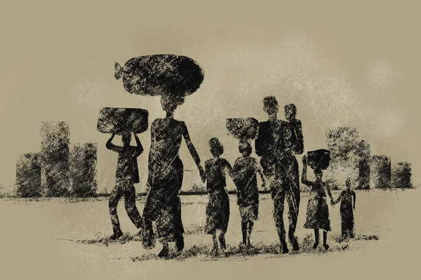 Illustration of economically backward people carrying their luggages and kids walking together from the city.