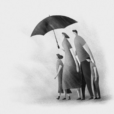 Illustration of a family walking in rain using umbrella