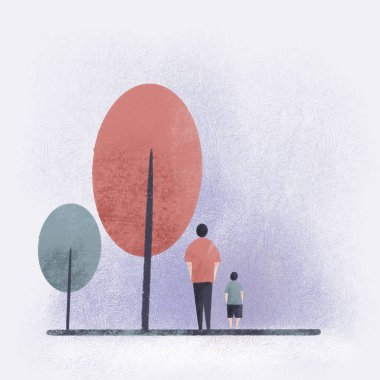 Büyük ve küçük bir ağacın yanında duran bir baba ve oğul tasviri