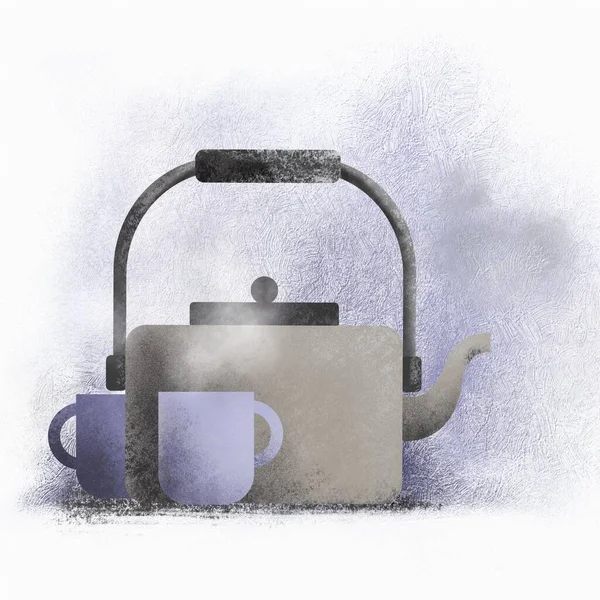 Illustration of steaming hot beverage in a cup and teapot