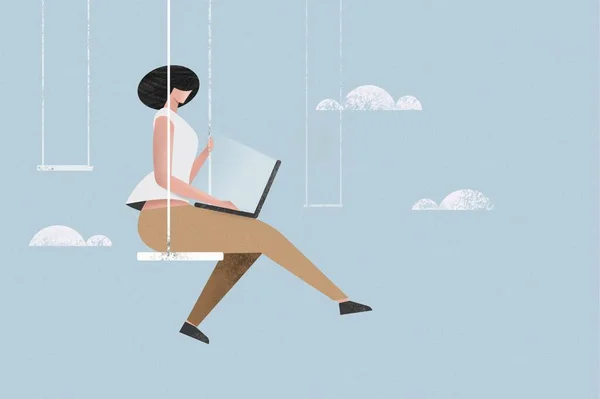 Illustration Girl Sitting Swing Working Laptop Cloudy Sky — Stock Photo, Image