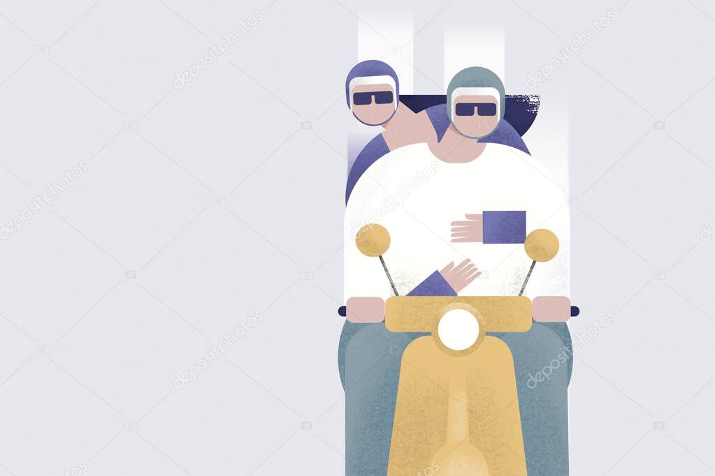 Illustration of a young couple riding a scooter