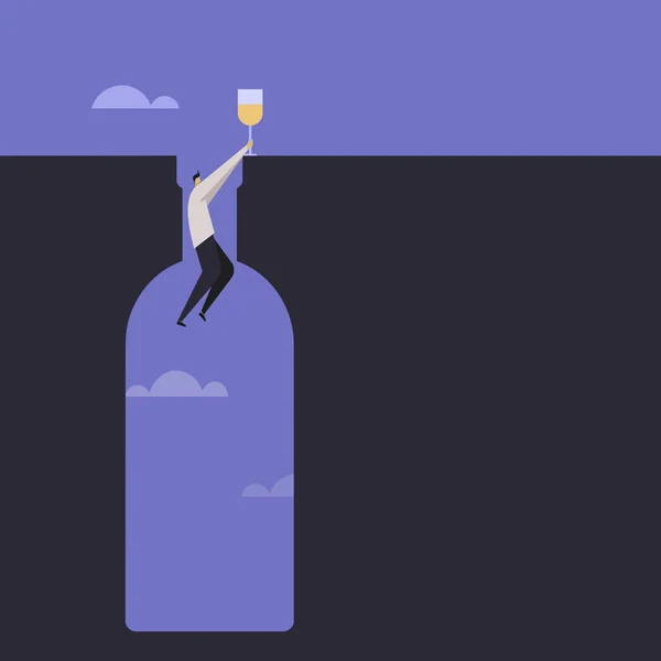 Conceptual Illustration Man Hanging Edge Bottle Shaped Hole Concept Alcohol —  Vetores de Stock