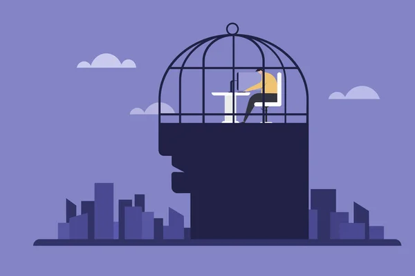 Conceptual Illustration Man Working Cage Structure His Brain — Stockvektor