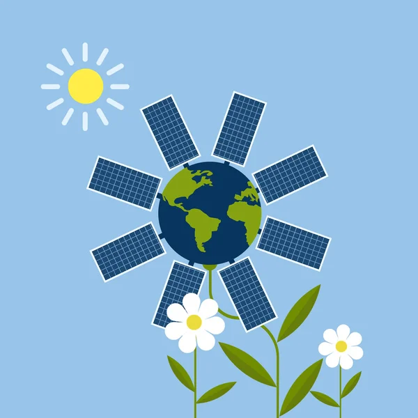 Ілюстрація Сонячних Панелей Встановлених Навколо Землі Виглядає Квітка Концепція Зеленої — стоковий вектор