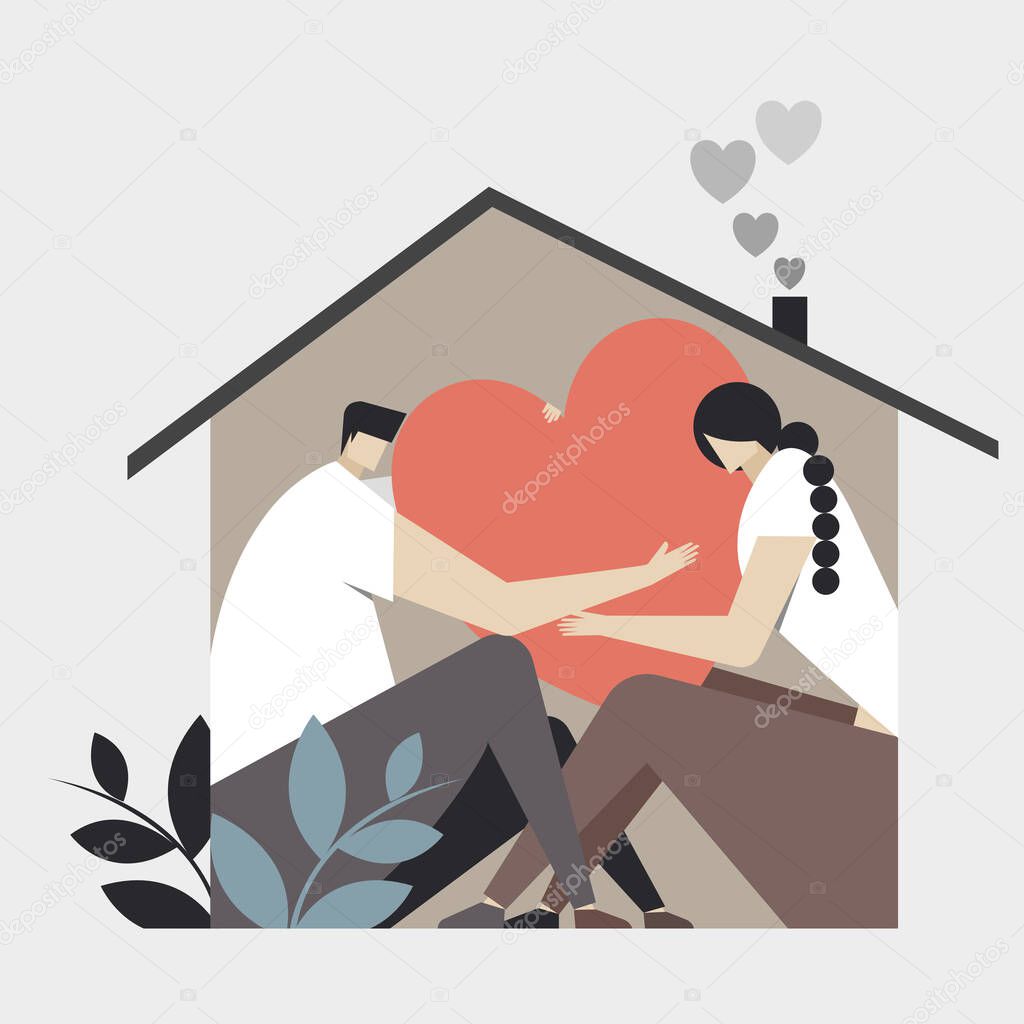 Conceptual illustration of a couple  holding a love symbol inside their home
