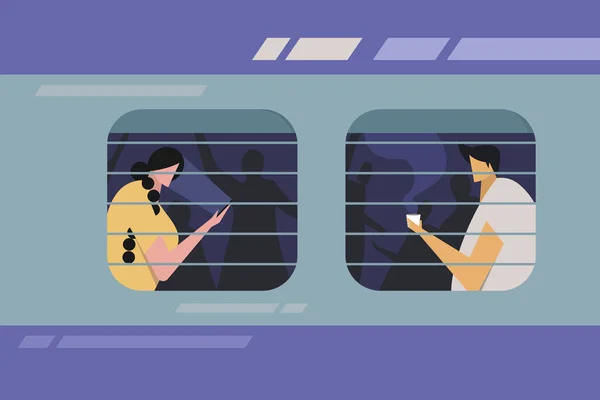 Ilustracja Pasażerów Siedzących Siedzeniu Pociągu Oknie — Wektor stockowy
