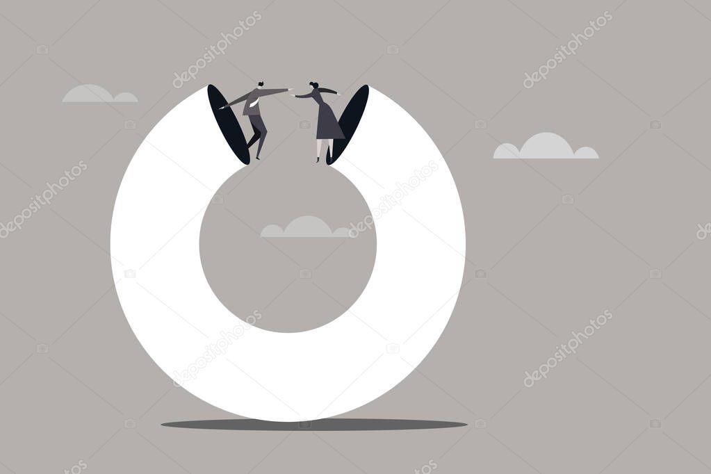 Conceptual illustration of a man and woman standing on top of a circular tube