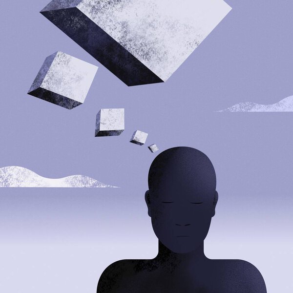 Illustration of a thinking man with solid cubical thought bubbles