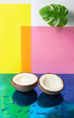 En az egzotik yaz konsepti. Parlak mavi ve renkli arka planda Hindistan cevizi olan komik bir kompozisyon. Yaratıcı tropikal meyve fikri.